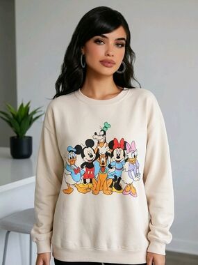 Disney Cream Crewneck Sweatshirt with Classic Character Group Print